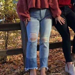 High-waisted, straight leg jeans.